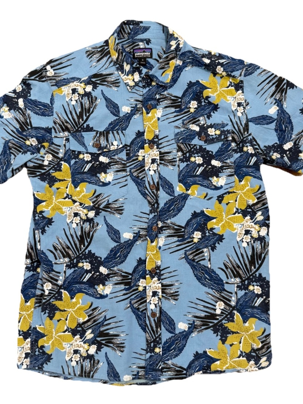 Patagonia Hawaiian Print Floral Button Up Shirt Organic Cotton Men’s M Camp